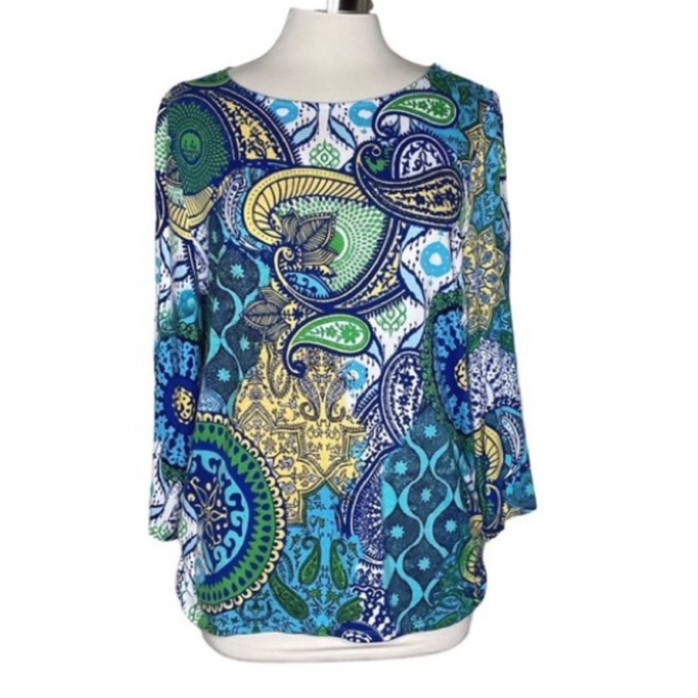 Chico’s 2 bell sleeve top paisley print blue green - Picture 2 of 3